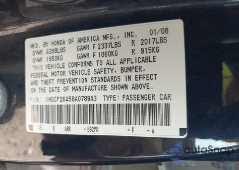 2008 Honda Accord 2.4 Lx-P из США, поврежденный, VIN 1HGCP26458A078943